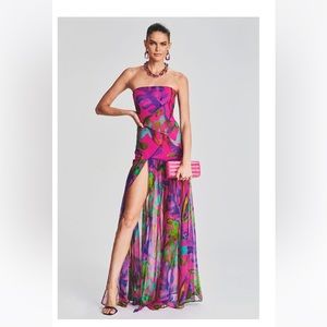 Cherley Tropical Print strapless Mesh patchwork slit Hem Maxi Dress Size L